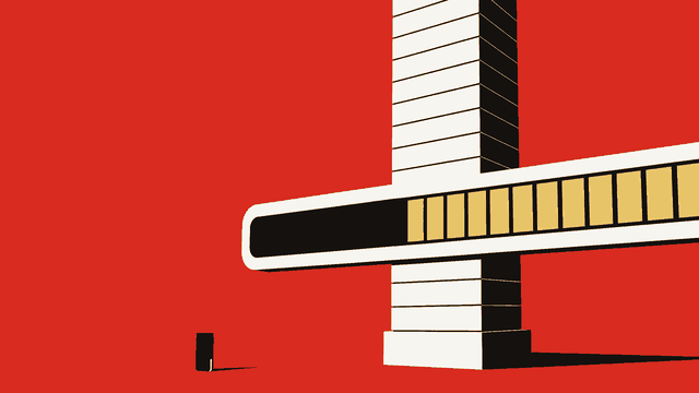 Ilustração editorial: barra de progresso atravessando uma torre de blocos que sai do quadro, com um aparelho minúsculo ao lado