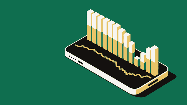 Ilustração editorial: smartphone em isometria com colunas de desempenho saindo da tela e despencando em degraus