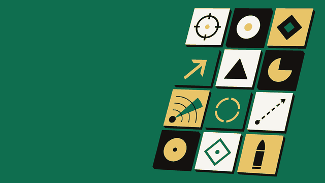 Ilustração editorial: doze placas em diagonal, cada uma com um ícone geométrico diferente — mira, radar, losango, trajetória