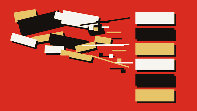 Ilustração editorial: blocos de interface passando de uma disposição desordenada à esquerda para uma coluna alinhada à direita